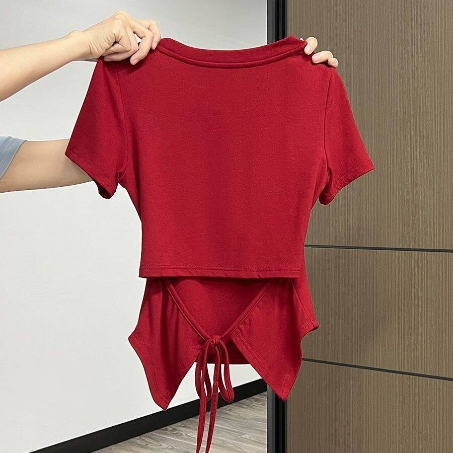 新款纯色正肩后背绑带设计感小众圆领减龄夏季短袖T恤女收腰上衣