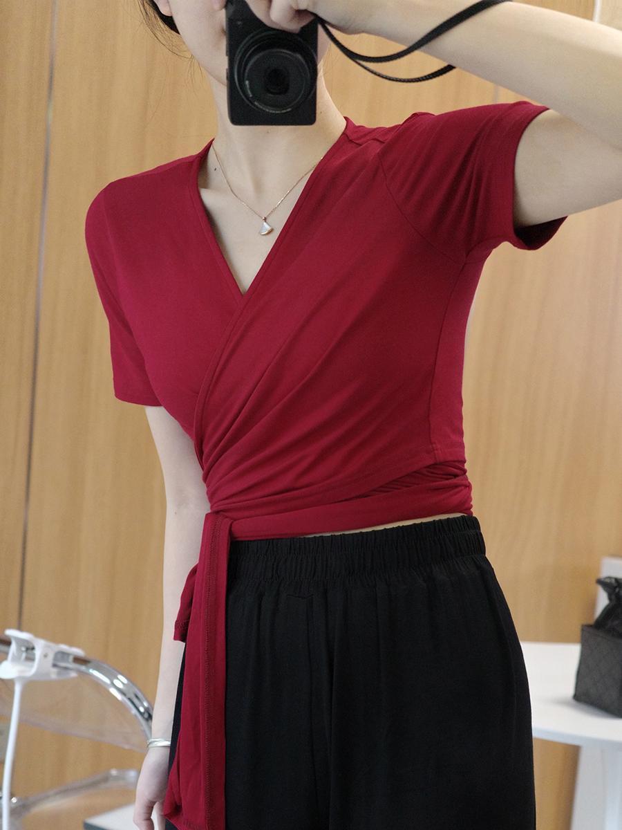 大码绑带式法式上衣女2026夏季露脐短款一片式V领辣妹交叉绑带T恤图片