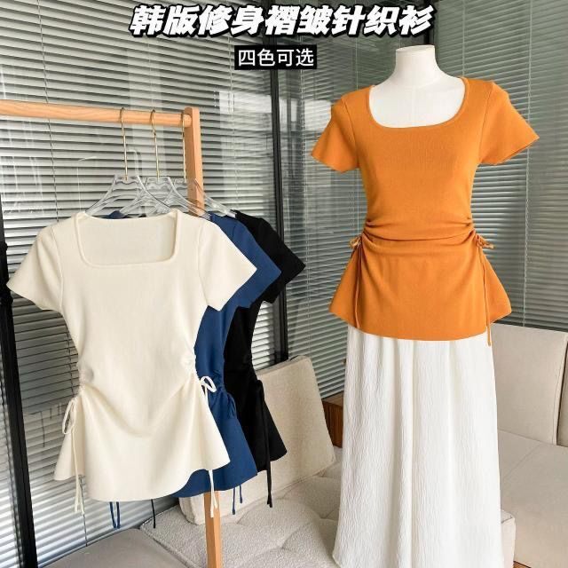 大方领中长款露腰短袖T恤女设计感洋气收腰别致独特辣妹上衣
