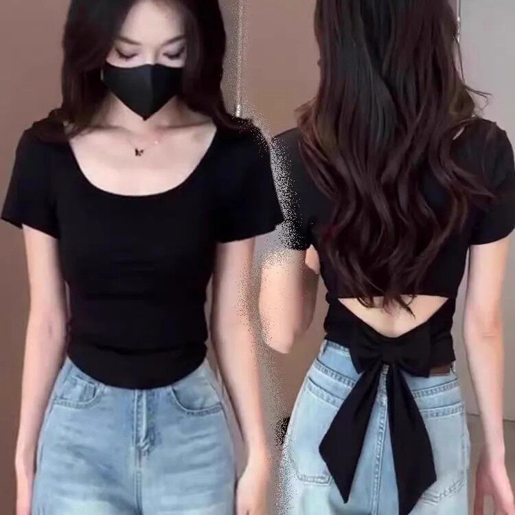 轻奢高级感露后背绑带蝴蝶结短袖t恤女夏季新款圆领黑色显瘦上衣