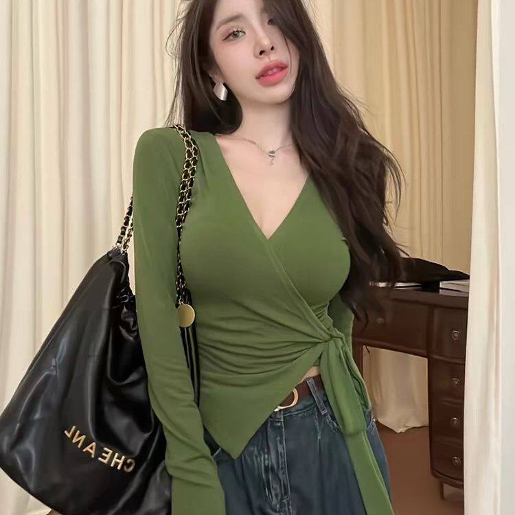 纯欲风长袖V领辣妹T恤女秋装收腰修身显瘦性感上衣绑带打底衫ins