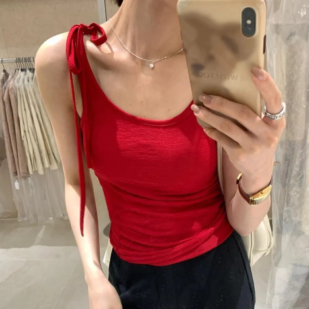 法式辣妹风韩版系带U领背心女士夏装设计感修身T恤吊带上衣潮