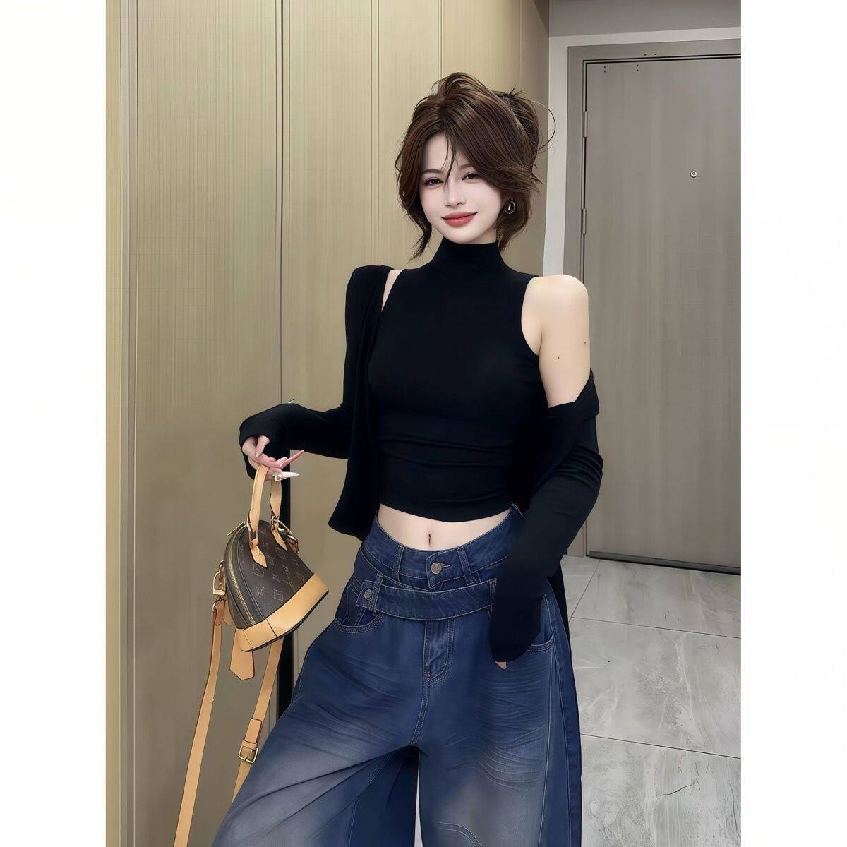 韩系辣妹风气质高领无袖背心加开衫两件套上衣女秋款精致套装