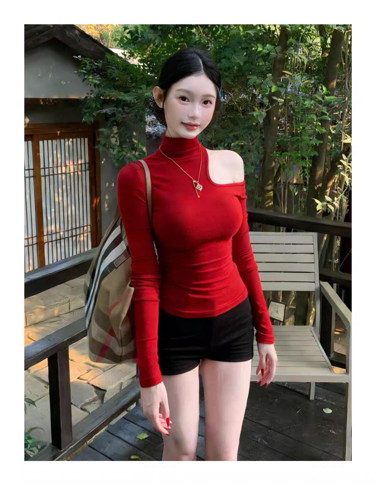 【醉甜浆果】红色长袖t恤女早秋高领露肩打底衫纯欲收腰上衣