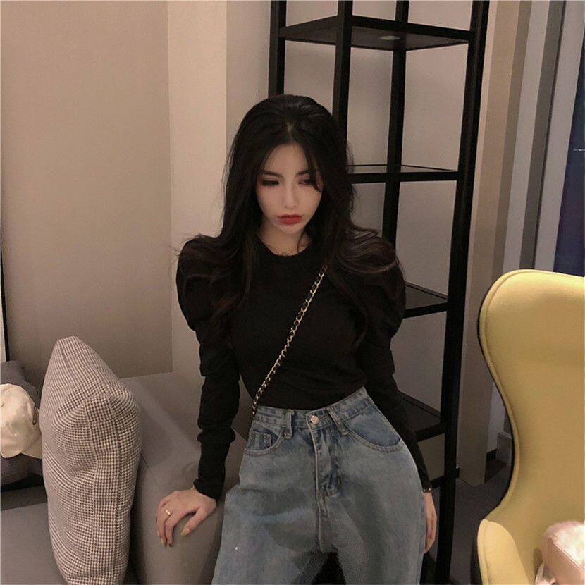 2024新款秋冬网红长袖t恤女泡泡袖打底衫洋气修身白色上衣ins潮