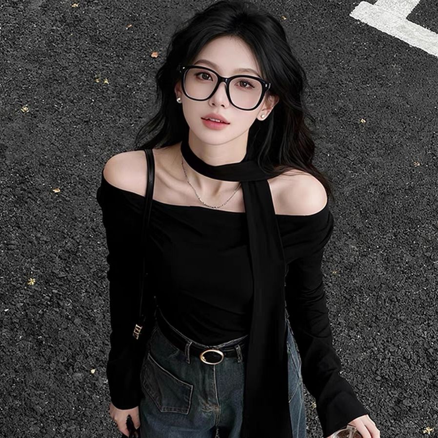 韩系黑色一字肩飘带长袖打底衫女秋冬独特漂亮超好看内搭挂脖上衣