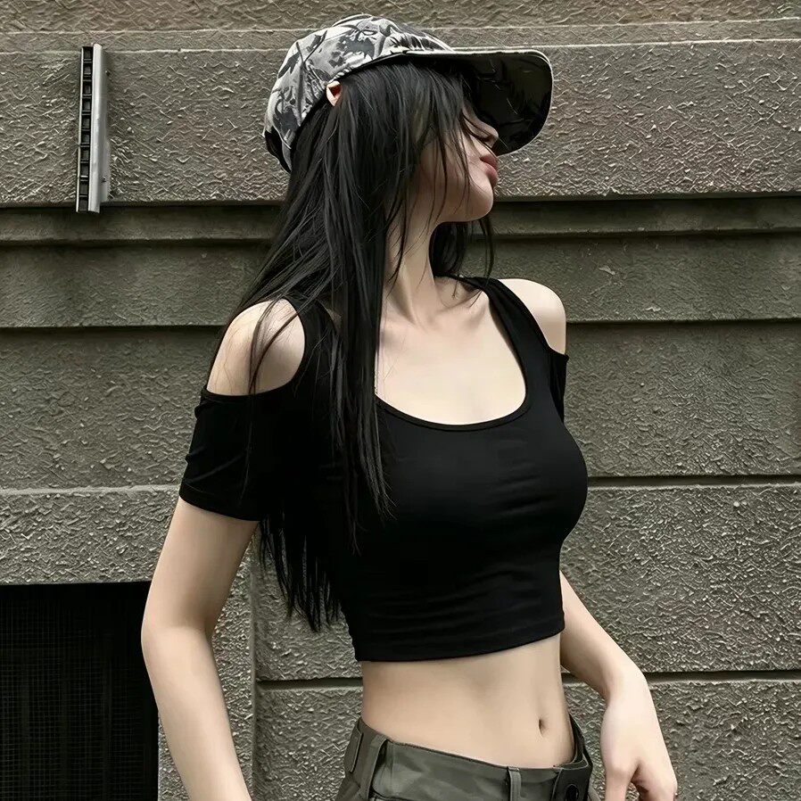 辣妹风露肩U领短袖t恤女夏季新款性感修身显瘦露脐短款美式小上衣