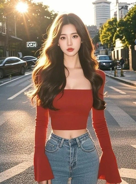 红色方领上衣女装秋冬2024新款辣妹修身独特别致喇叭袖短款打底衫