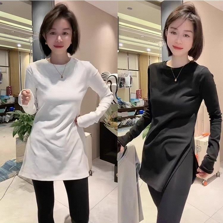 设计感百搭显瘦开叉长袖t恤女秋季中长款内搭打底衫遮屁股上衣潮