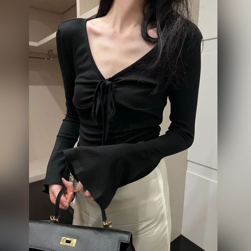 打底衫V领系带修身t恤秋冬纯欲法式辣妹内搭秋冬韩版潮上衣女收腰