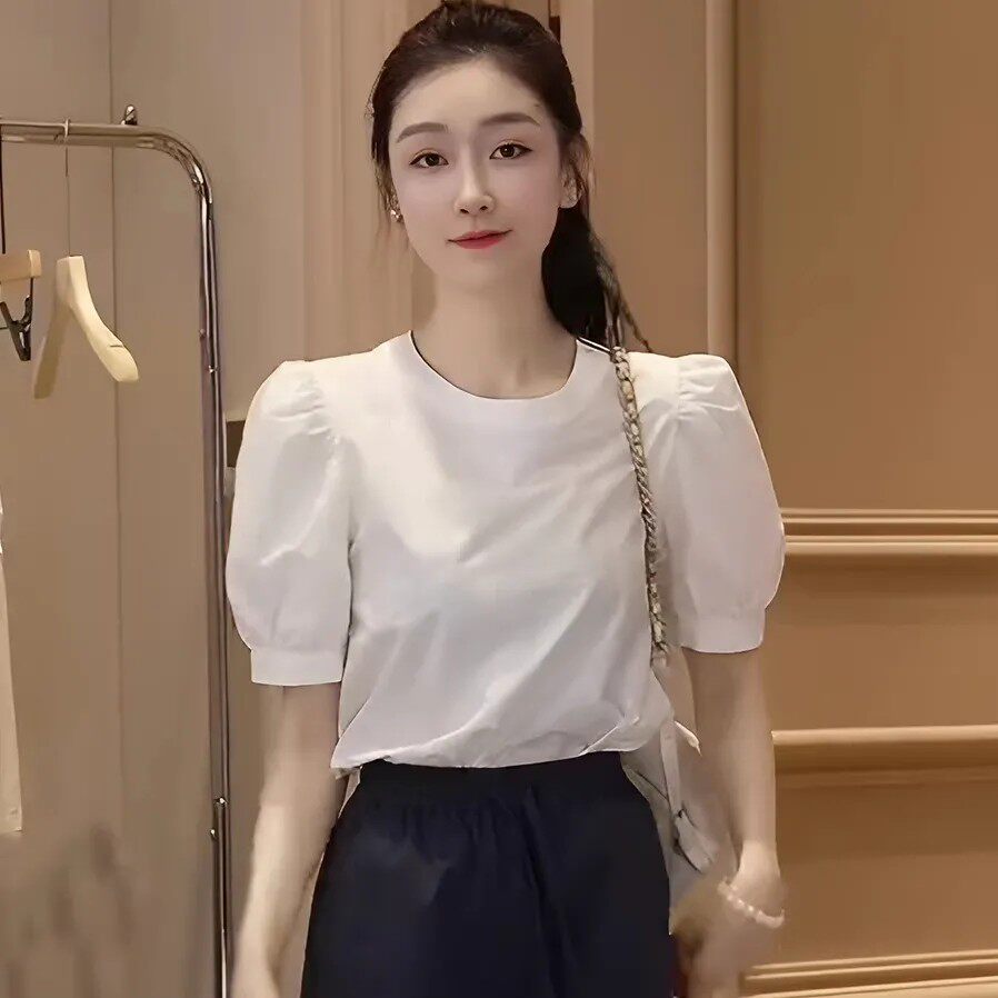 法式气质白色泡泡袖短袖T恤2026新款女夏季宽松显瘦镂空休闲上衣