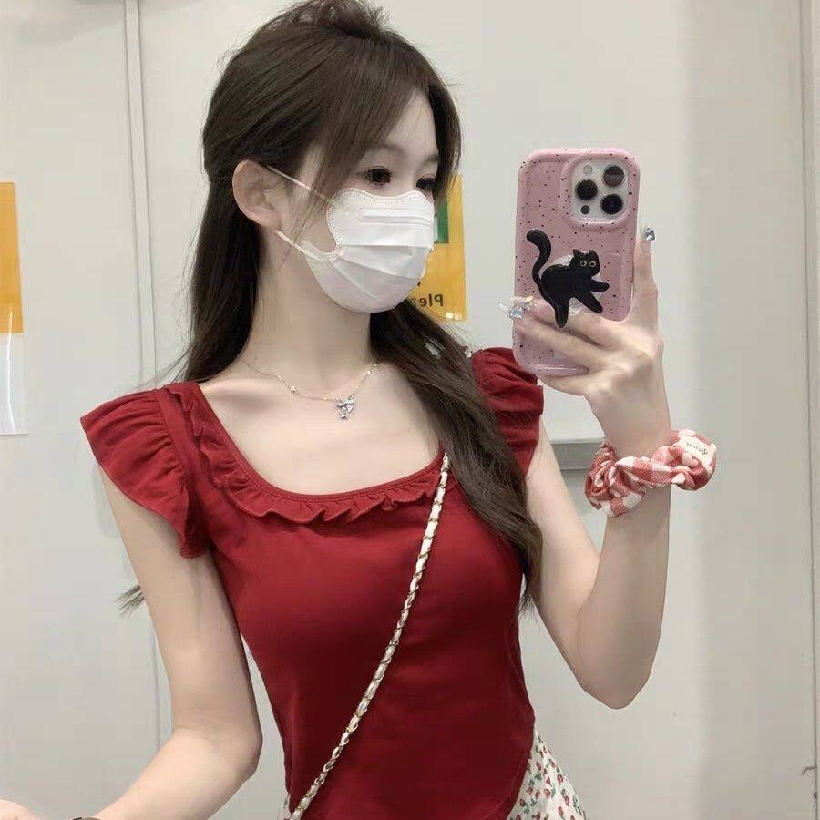 红色方领木耳边减龄短袖t恤女夏季设计感露背别致绝美小飞袖上衣