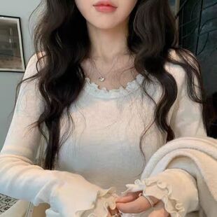 韩系甜美优雅气质打底衫女秋季法式双层木耳边T恤衫圆领长袖上衣