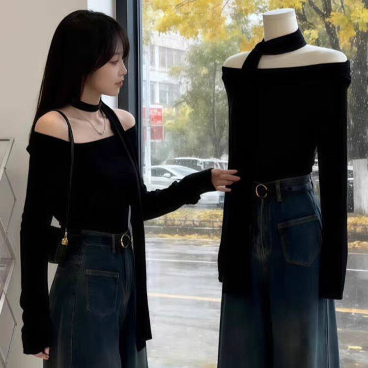 纯欲辣妹气质一字肩修身短上衣秋冬款挂脖飘带上衣潮