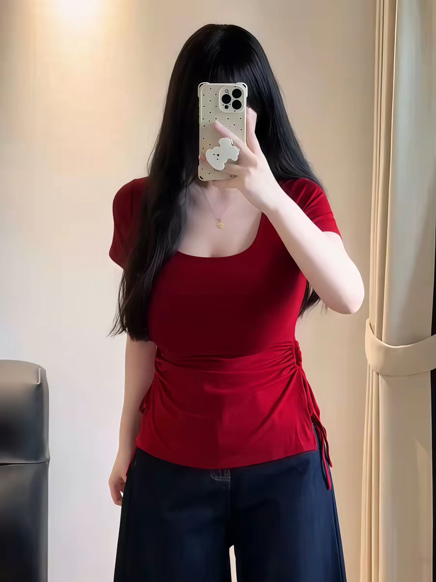 大码抽绳红色U领正肩短袖t恤女夏季新款胖mm收腰显瘦别致漂亮上衣
