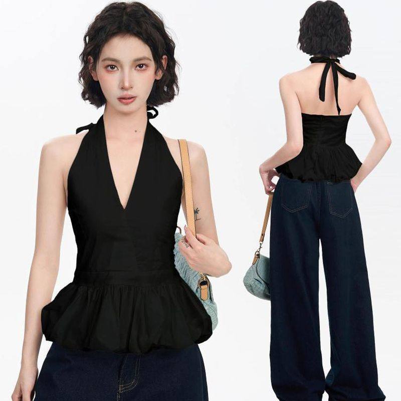 黑色挂脖v领花边吊带背心女夏夏季外穿收腰泰式绝美美背露背上衣