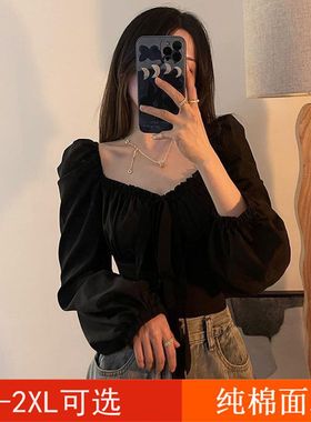 黑色泡泡袖复古v领上衣女2024春秋法式温柔风锁骨收腰短款长袖T恤