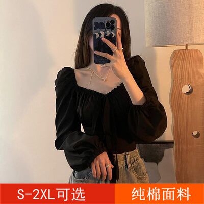 黑色泡袖复古v领上衣女打底衫T恤