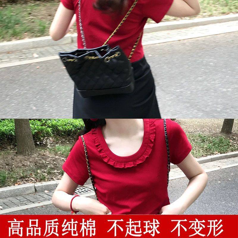 减龄漂亮修身木耳花边红色正肩短袖t恤打底衫女法式甜辣风上衣ins