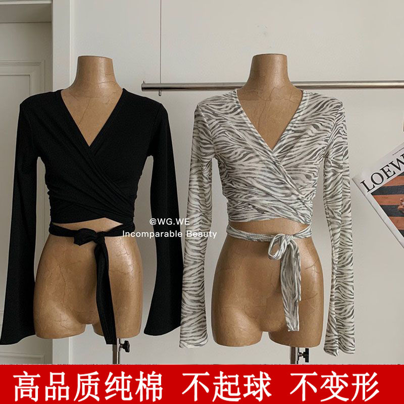 2023新款绑带短款长袖T恤女辣妹紧身显瘦内搭打底设计感小众上衣