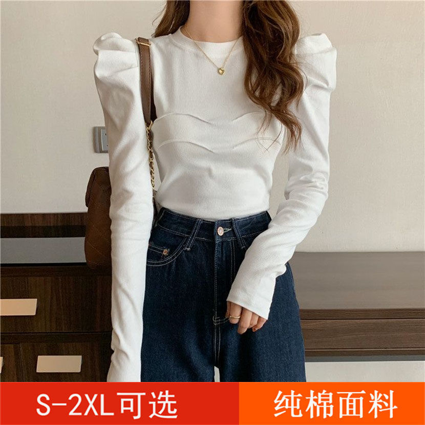 白色泡泡袖长袖上衣女装2021新款潮设计感小众短款打底衫法式t恤