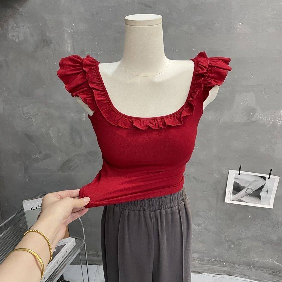 辣妹风~红色小飞袖吊带背心上衣女夏季修身短款T恤2024新款女装