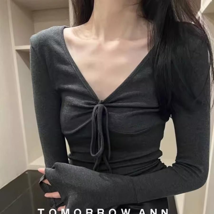 纯欲风紧身抽绳v领打底衫女春秋设计感长袖t恤收腰显瘦甜辣妹上衣
