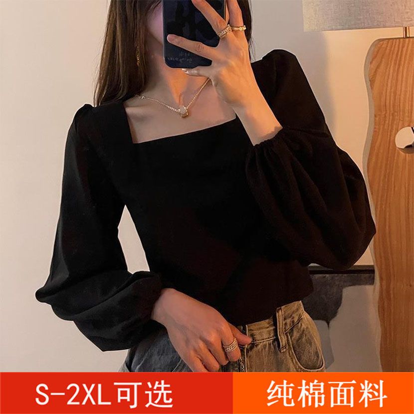 复古法式t恤泡泡袖长袖T恤女2021秋冬新款修身黑色漏锁骨方领上衣