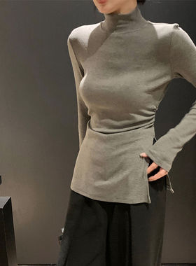 PPHOME素雅师姐半高领长袖打底衫女秋冬季内搭修身开叉别致上衣潮