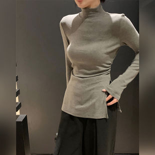 PPHOME素雅师姐半高领长袖打底衫女秋冬季内搭修身开叉别致上衣潮