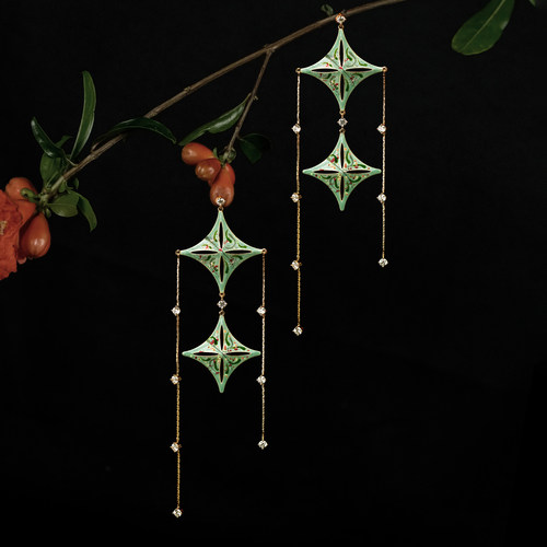 绘间手绘【园林-亭雨流苏】国风中式超仙流苏菱形长款耳环耳夹