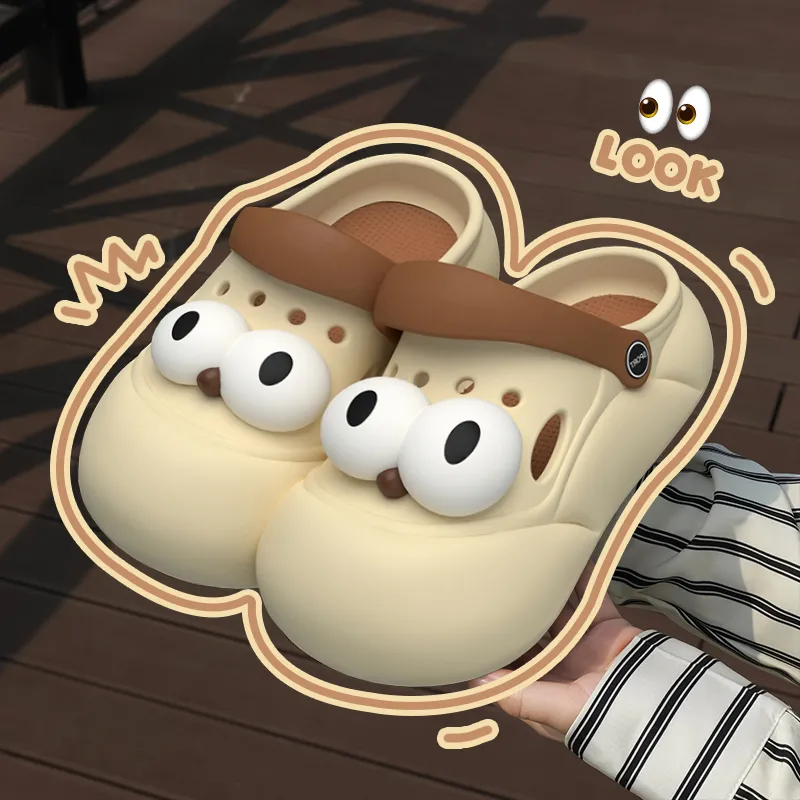 可爱卡通大眼睛洞洞鞋女2024夏季新款外穿厚底增高踩屎感防滑拖鞋