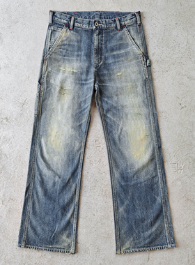 WIROTE威络 定织定染浅蓝色旧化水洗 小A字工装红边牛仔裤11.5oz