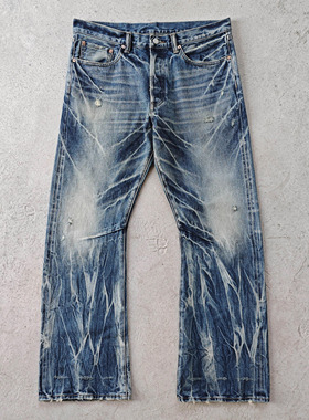 WIROTE威络 冰川蓝/矿石黑水洗做旧猫须微喇赤耳牛仔裤紫制品PRPS