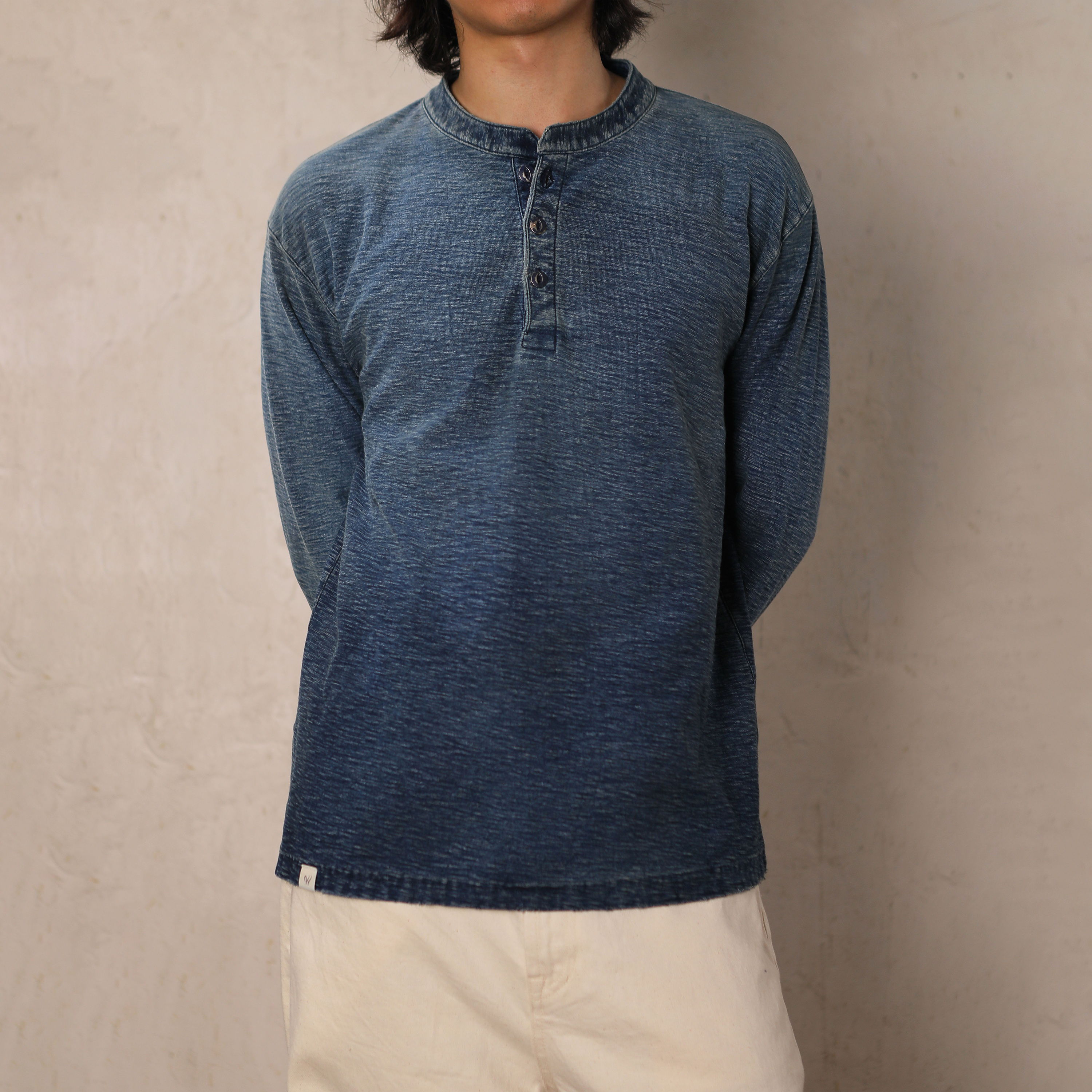 蓝染重磅竹节纹咔叽布做旧亨利领合身美式复古长袖T恤WIROTE/威络