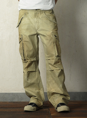 WIROTE威络 灰野绿/沙灰卡其乱针缝线波纹水洗 直筒M65军版工装裤