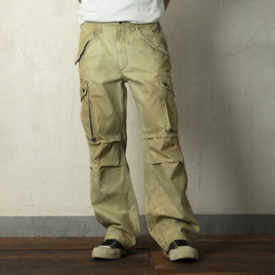 WIROTE威络 灰野绿/沙灰卡其乱针缝线波纹水洗 直筒M65军版工装裤