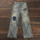 WIROTE威络 11.5OZ 宽松牛仔裤 雾霾灰蓝古布拼接 三本针埋夹伐木裤