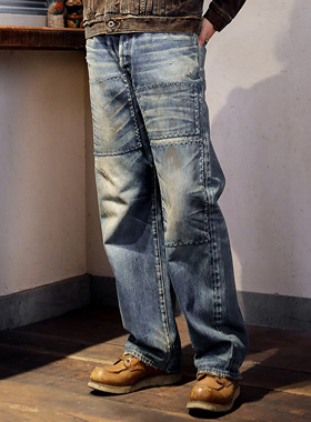 WIROTE威络淘金热潮沧浪洗刺子补丁破坏做旧直筒赤耳牛仔裤西部风