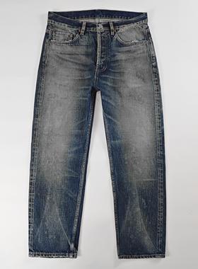 WIROTE威络水洗做旧破坏手擦猫须修身直筒赤耳牛仔九分裤男14.5oz