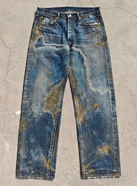 WIROTE威络“东非大裂谷”刀割手缝破洞黄泥旧化水洗赤耳牛仔裤