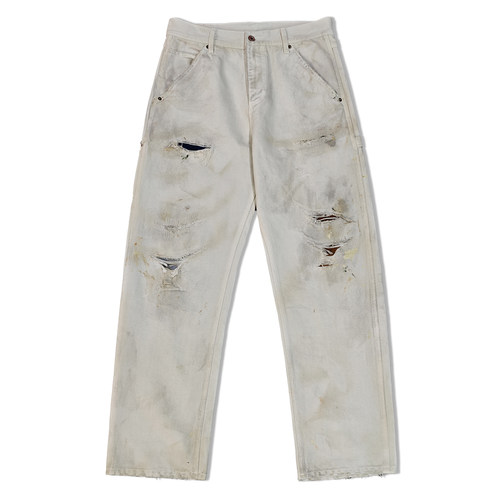 WIROTE威络  14.5oz帆布白牛旧化 破洞古布拼接工装伐木休闲裤