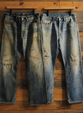 WIROTE/威络517长绒棉破洞刺绣补丁油污做旧复古高腰微喇牛仔长裤