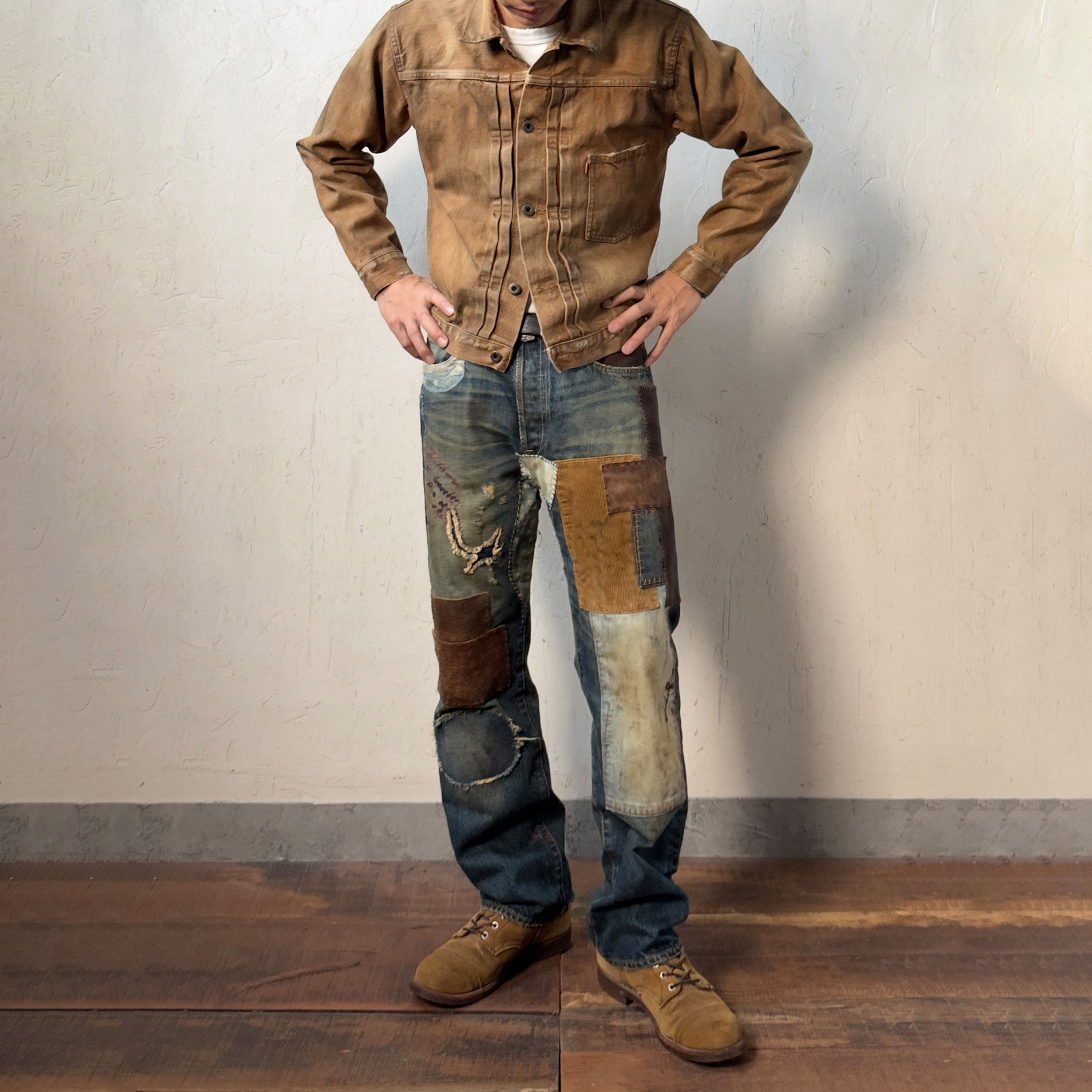 皮革与补丁的赞歌06秀款拼皮牛王 复古直筒赤耳牛仔裤 WIROTE威络