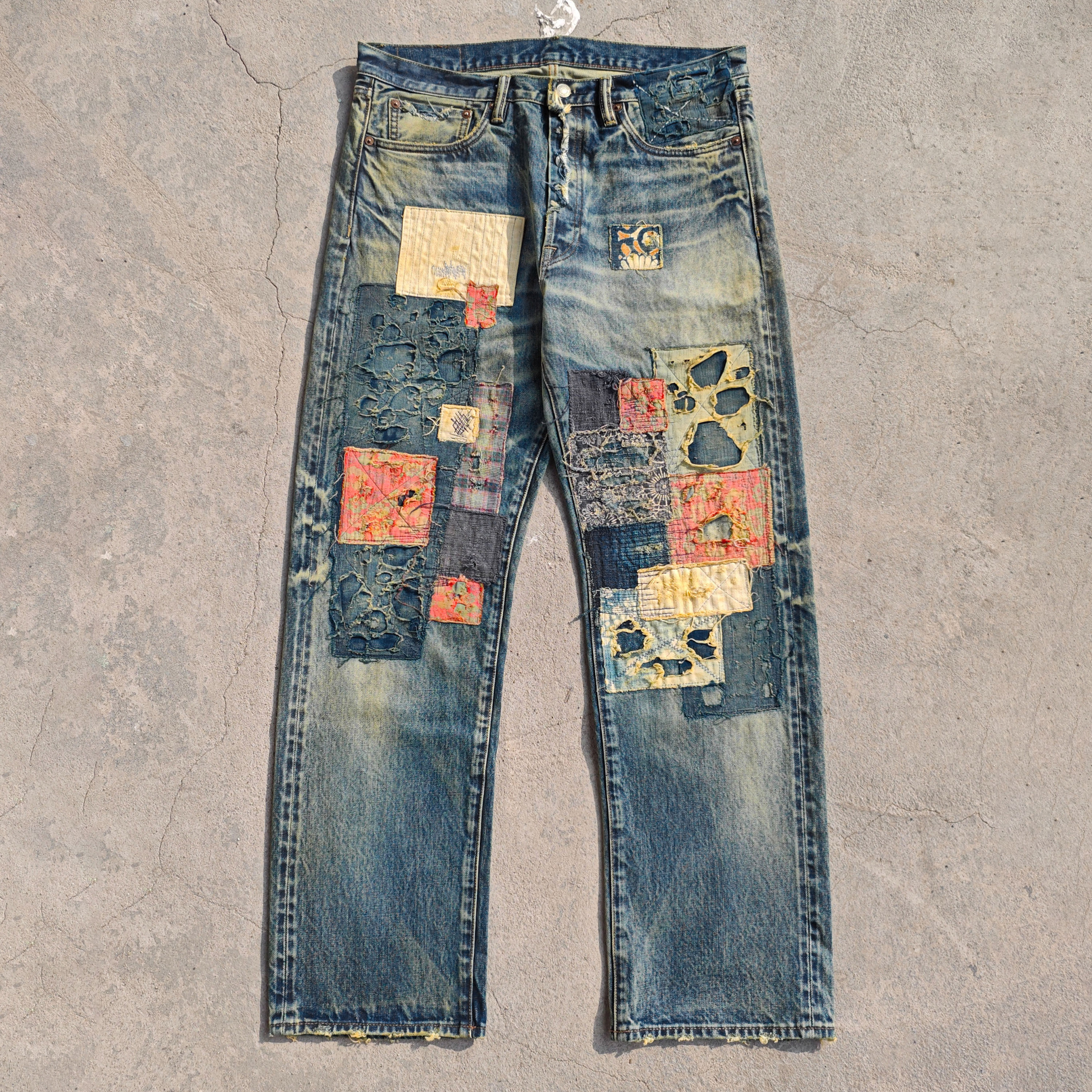 WIROTE威络BORO褴褛重工拼接古布复古洗水破坏直筒赤耳牛仔长裤
