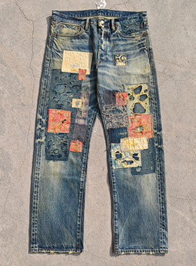 WIROTE威络BORO褴褛重工拼接古布复古洗水破坏直筒赤耳牛仔长裤