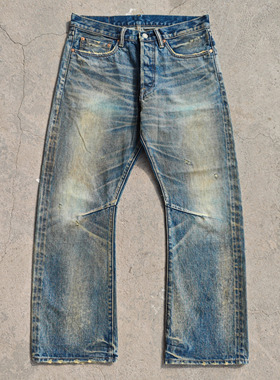 WIROTE/威络 冰川纹靛青蓝染立体猫须做旧弯刀微喇赤耳牛仔裤PRPS