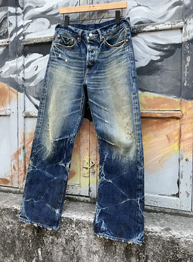 WIROTE威络 闪电纹午夜蓝扎花旧化水洗宽松直筒赤耳牛仔紫制品01