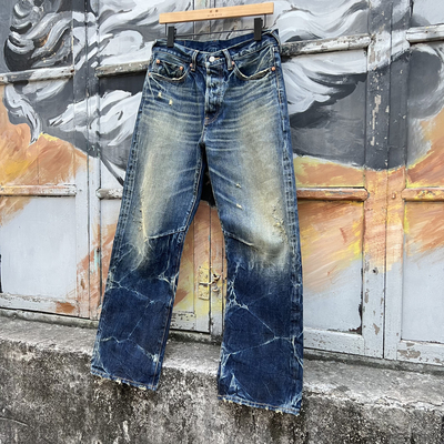 WIROTE威络 01午夜蓝扎花旧化洗水 宽松直筒赤耳牛仔裤紫制品PRPS