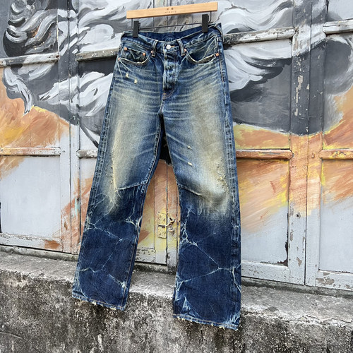 WIROTE威络 01午夜蓝扎花旧化洗水 宽松直筒赤耳牛仔裤紫制品PRPS